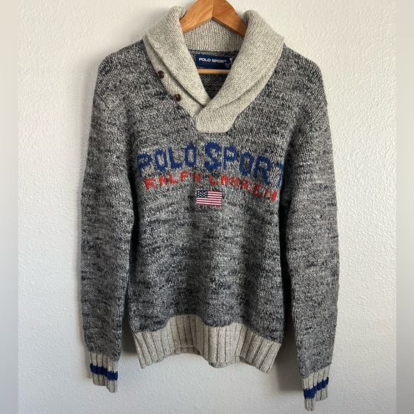 Polo Sport Ralph Lauren Wool Blend Shawl Collar Sweater Marled Flag Size Small